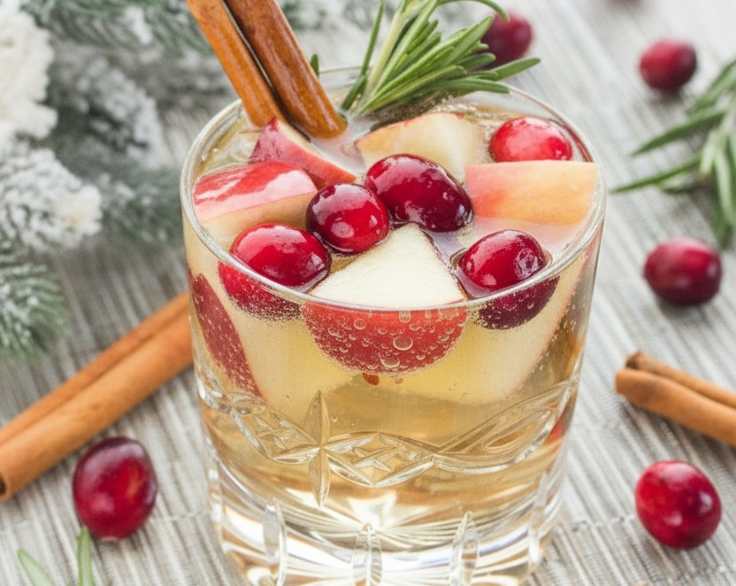 Easy Holiday White Christmas Sangria with Cinnamon Cranberry serving