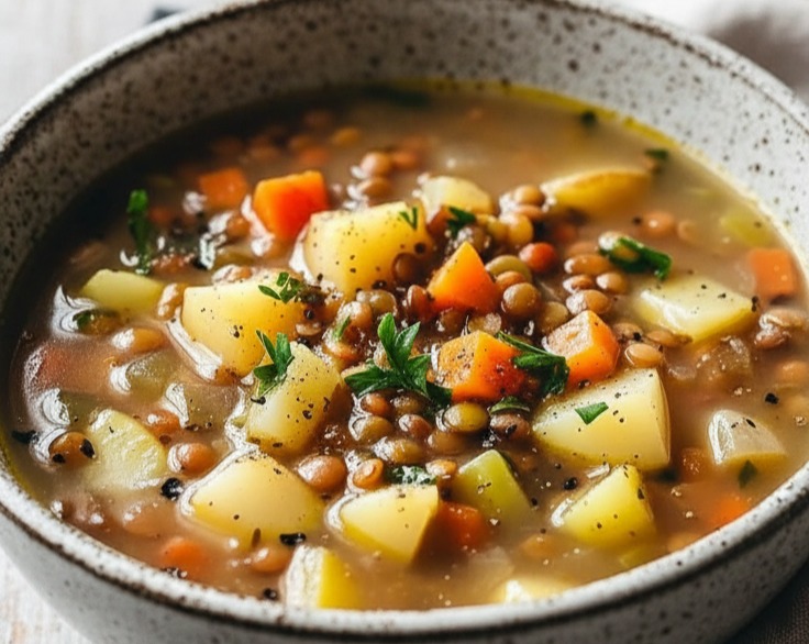 Easy Lentil Vegetable Soup Recipe Tasty Vegetarian Vegan serving
