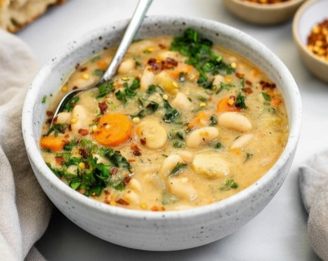 Easy Vegetarian Tuscan White Bean Soup with Spinach serving