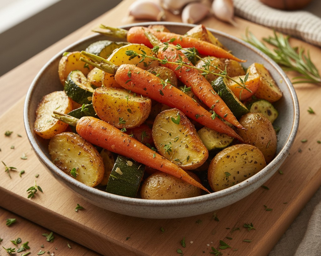 Herb Roasted Potatoes Carrots Zucchini Easy Healthy Veggie Recipe serving