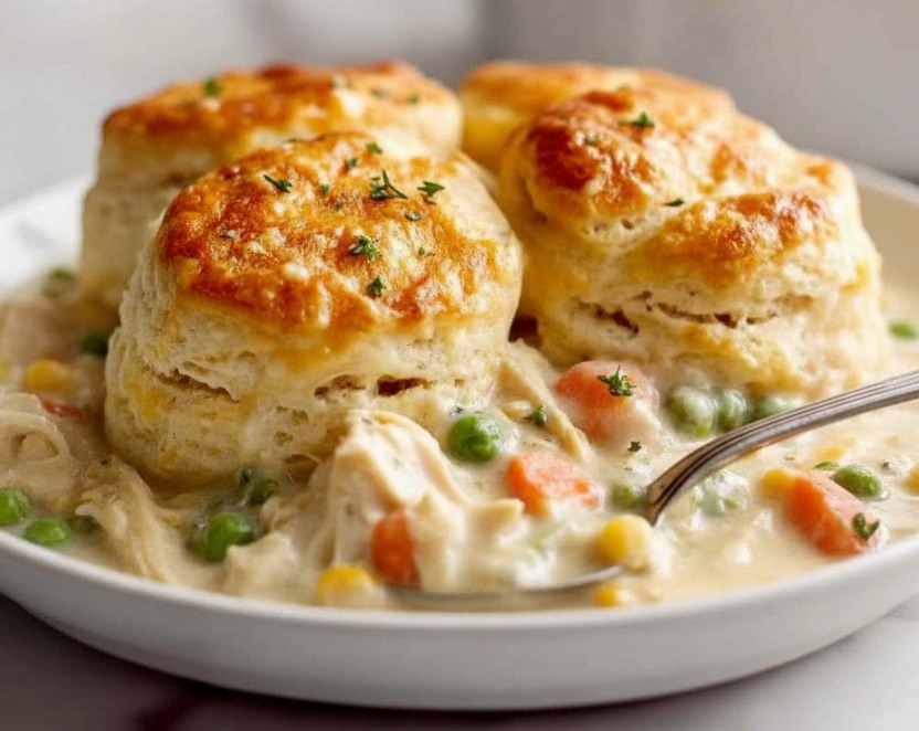 Easy Cheap Chicken Pot Pie with Biscuits Dinner Ideas serving