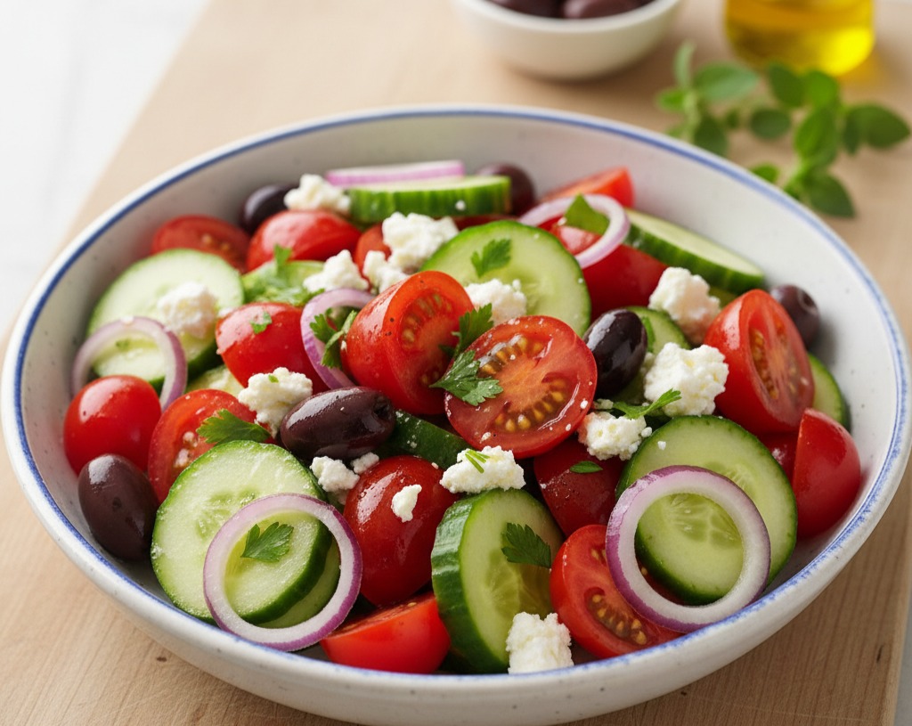 Healthy Mediterranean Cucumber Tomato Onion Salad: Fresh & Easy Everyday Dish serving