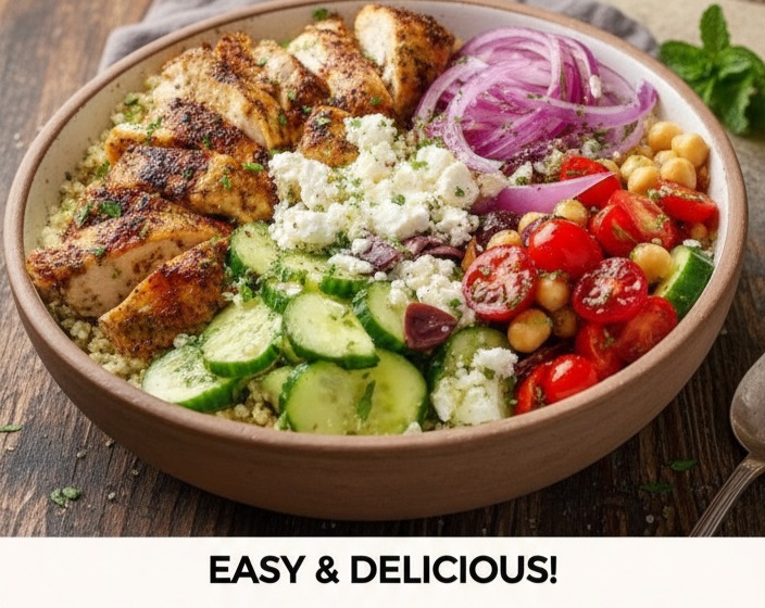 Mediterranean Chicken Bowl Whole Healthy Clean Savory Dinner Ideas Light serving