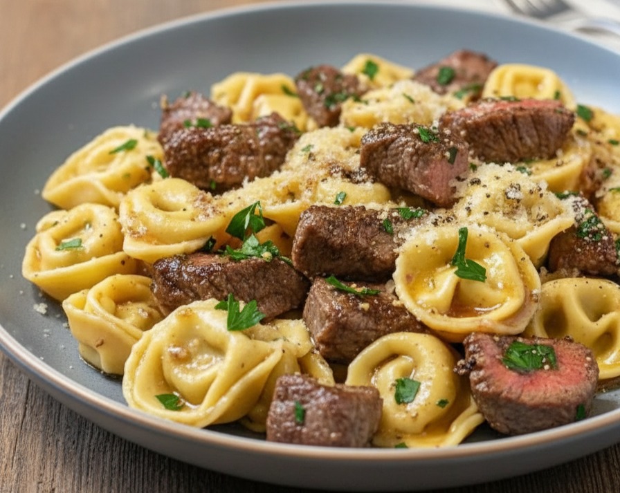 Simple Skillet Garlic Steak Tortellini Family Dinner serving
